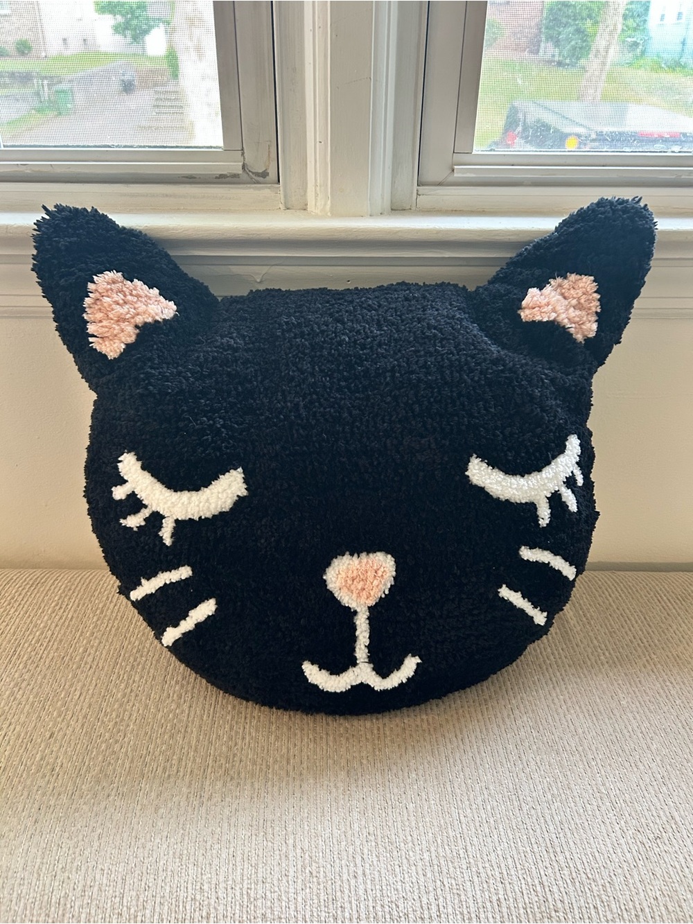 Black Cat Face Accent Pillow with Pink Details